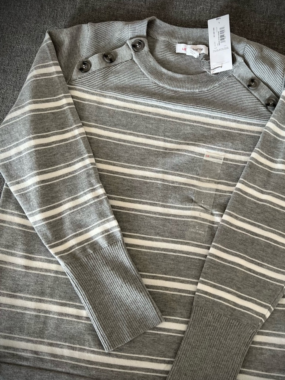 Liz Claiborne Gray and White Striped Crewneck Sweater with Shoulder Buttons